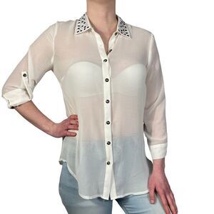 American Rag White Button Down Top Jeweled Neck